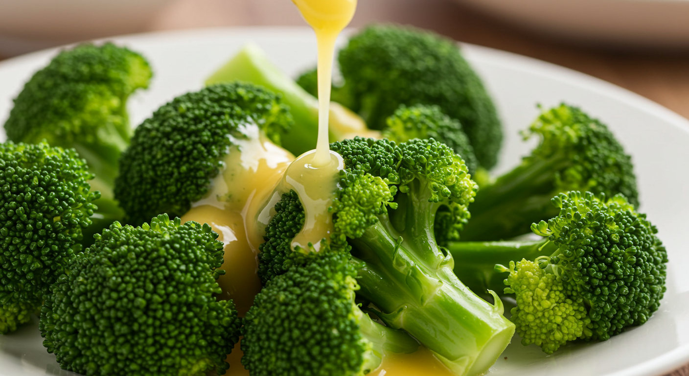 A plate of broccoli with lemon butter sauce